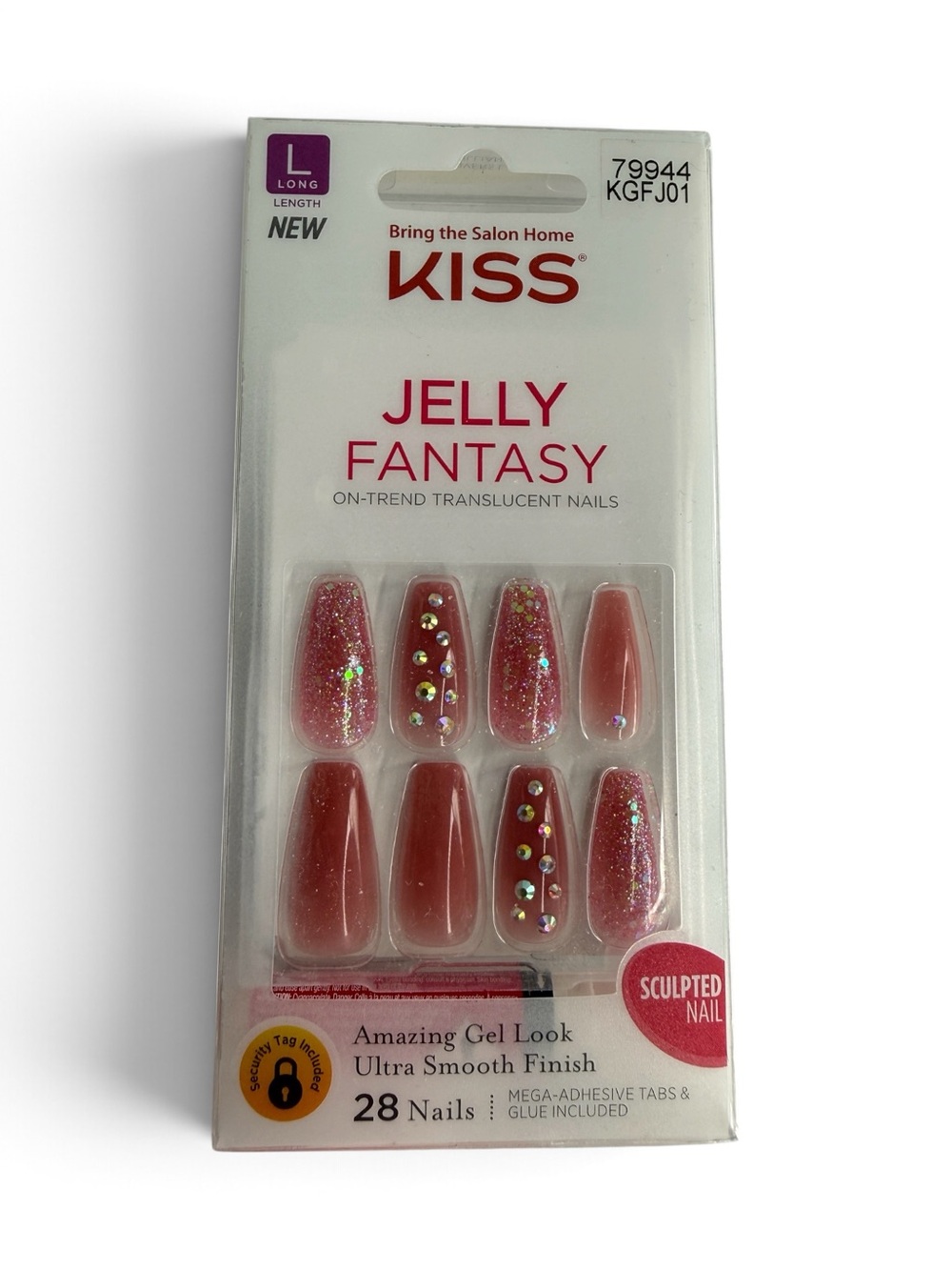 KISS Jelly Fantasy Long Pink Coffin Nails – 28 Count Jeweled Accents